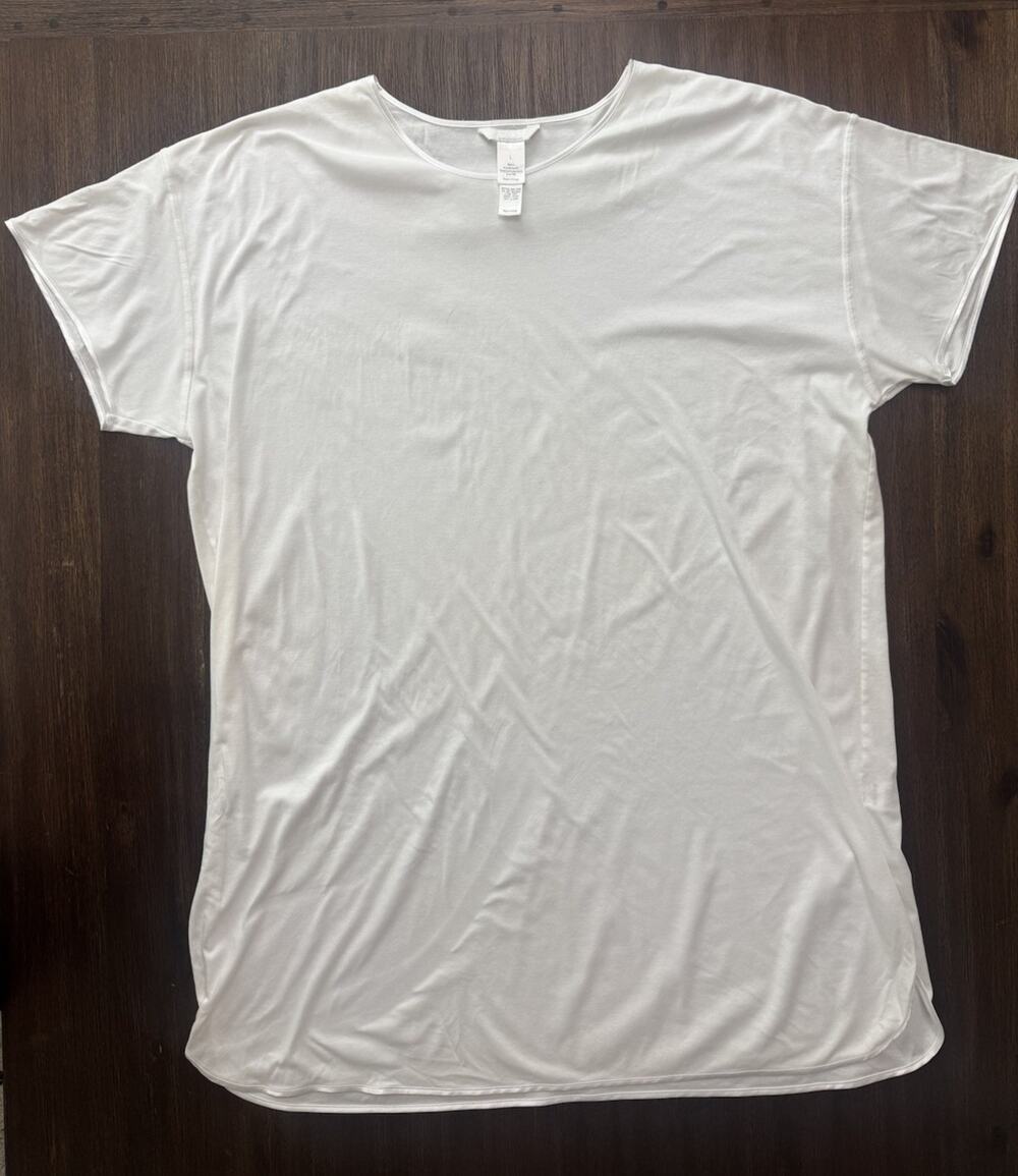 Hanro Sleep Shirt White Mercerized Cotton Nightshirt Satin Trim L